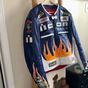 RARE ICON Flame Blue White Leather Patch Motorcycle Jacket with full padding